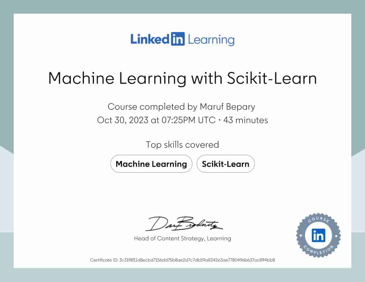 Artificial Intelligence with Scikit-Learn certificate image