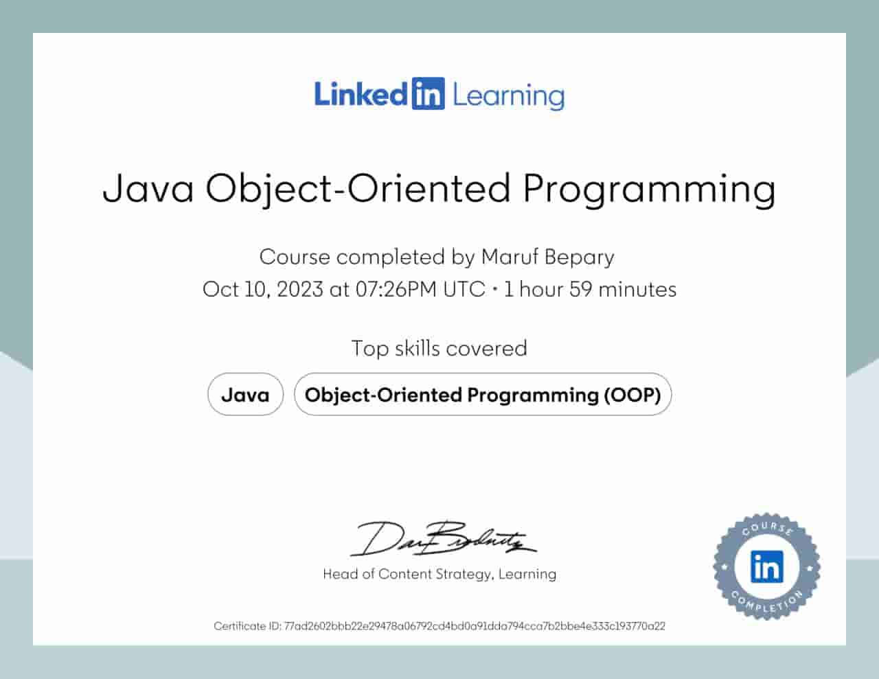 Java Object-Oriented Programming certificate image