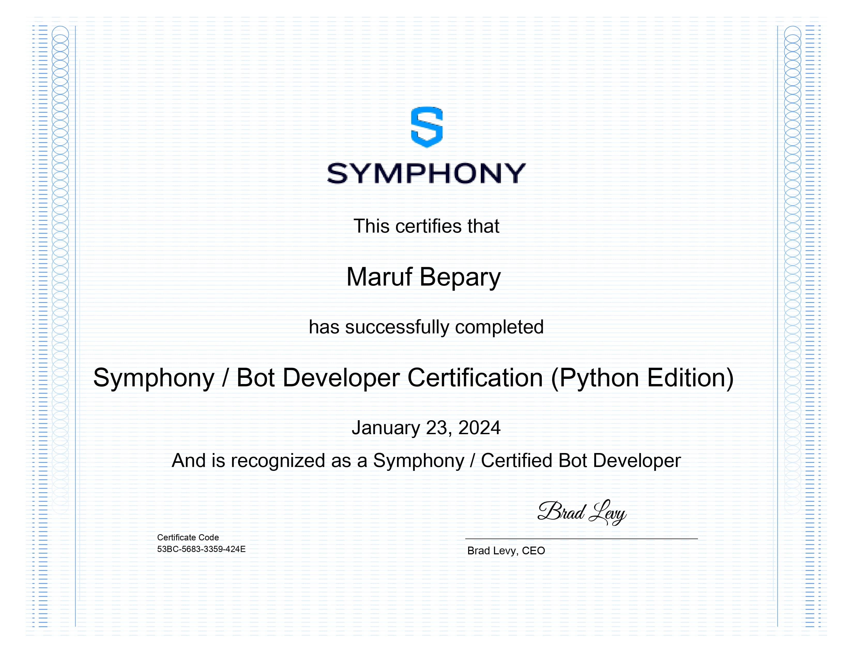 Symphony Certified Bot Developer (Python) certificate image